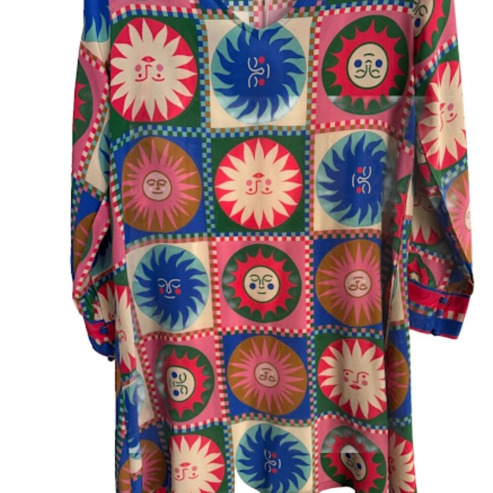 Johnny Was Workshop Silk V-Neck Swing Dress Sun Pattern Colorful Lionora Size S - Picture 3 of 9